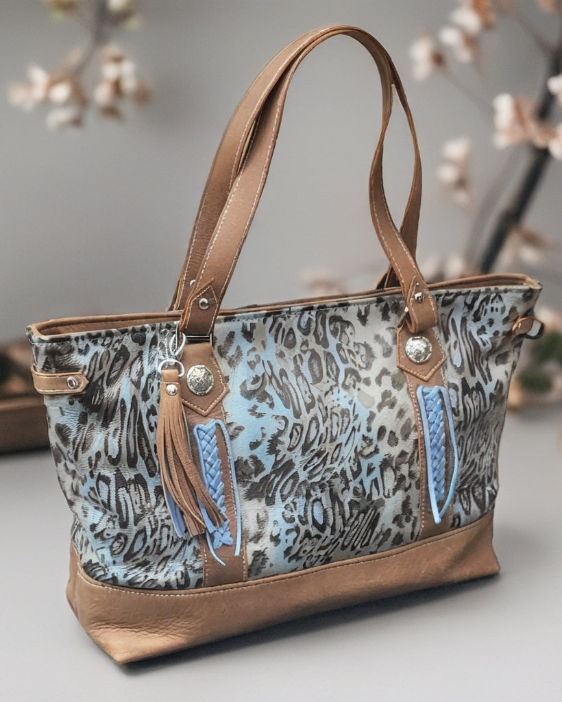 Tote Large Blue Khaki Leopard