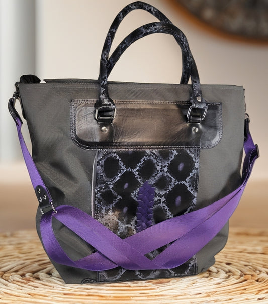 Travel Tote Sandpiper Grey with Snake Print Leather