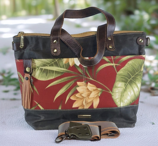 CamilleTote Green Waxed Canvas/Tropical Canvas