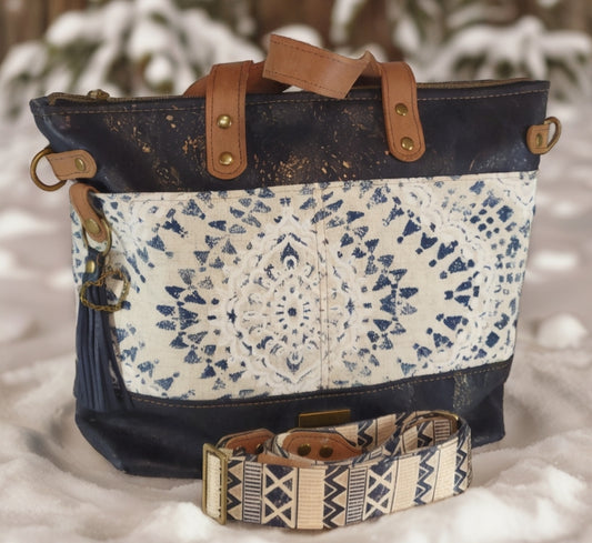 CamilleTote Navy Cork/Damask Print Canvas