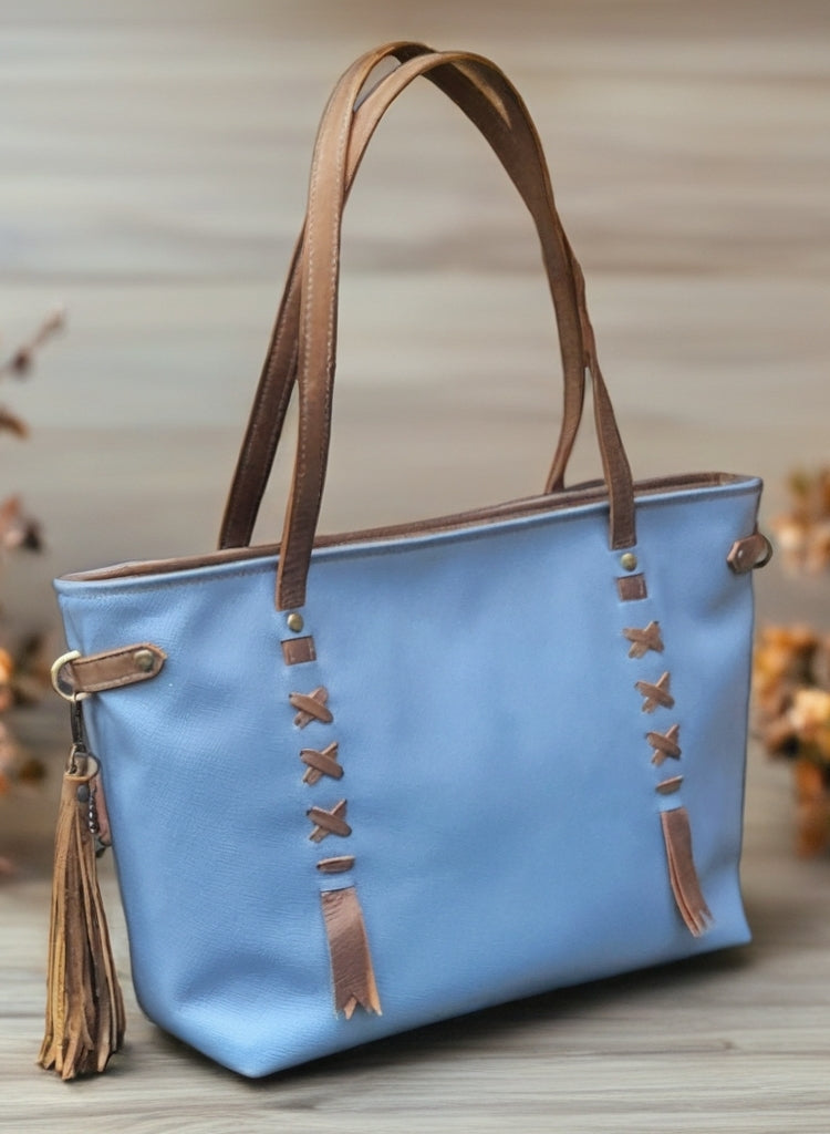 Tote Bag Light Blue Saffiano/Brown