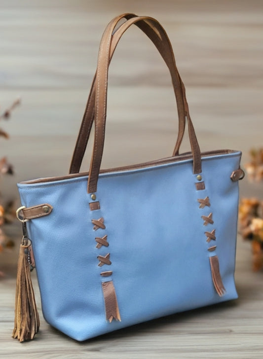 Tote Bag Light Blue Saffiano/Brown